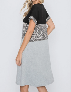Heimish Short Sleeve Leopard Print Contrast Dress with Side Pockets