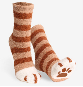 Comfy Luxe Fuzzy Knit Paw Print Socks - Brown