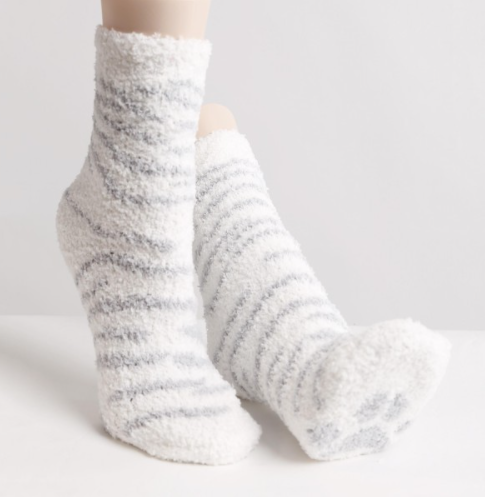 Comfy Luxe Fuzzy Knit Zebra Print Socks - White
