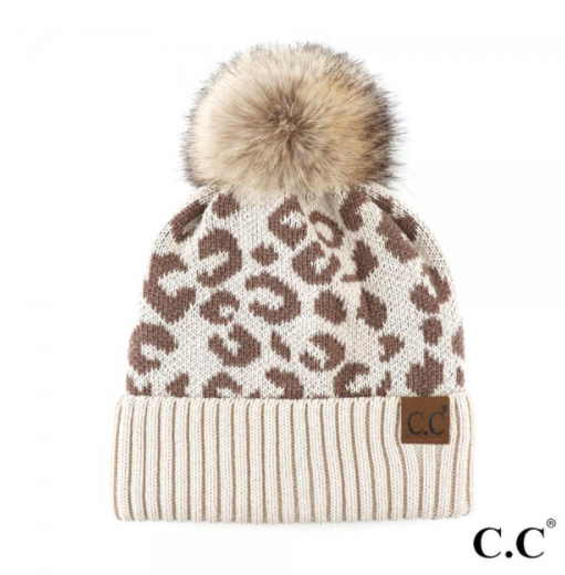 Animal Print Beanie With Faux Fur Pom - Taupe