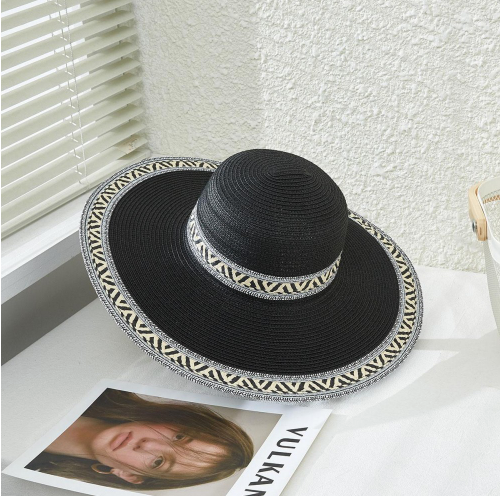 Straw Sun Hat With Straw Animal Print Banding - Black