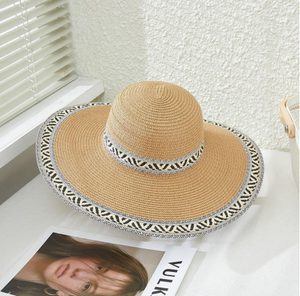 Straw Sun Hat With Straw Animal Print Banding - Natural