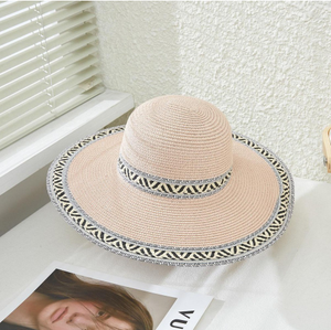 Straw Sun Hat With Straw Animal Print Banding - Pink