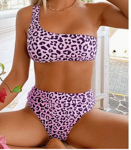 Swimsuit One Shoulder Leopard Print Bikini High Waist