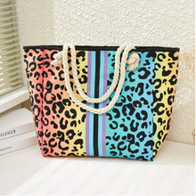 Load image into Gallery viewer, Canvas Rainbow Leopard Print and Striped Tote Bag with Rope Handles - Blue