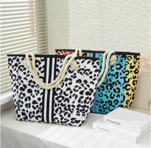 Load image into Gallery viewer, Canvas Rainbow Leopard Print and Striped Tote Bag with Rope Handles - White