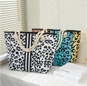 Canvas Rainbow Leopard Print and Striped Tote Bag with Rope Handles - White