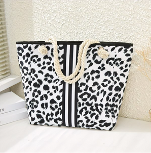 Canvas Rainbow Leopard Print and Striped Tote Bag with Rope Handles - White