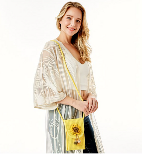 Knit Envelope Crossbody Handbag Featuring Sunflower Applique