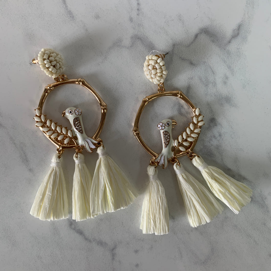 A Ivory Birds Of A Feather Post Drop Metal Casting And Raffia Tassel Earring
