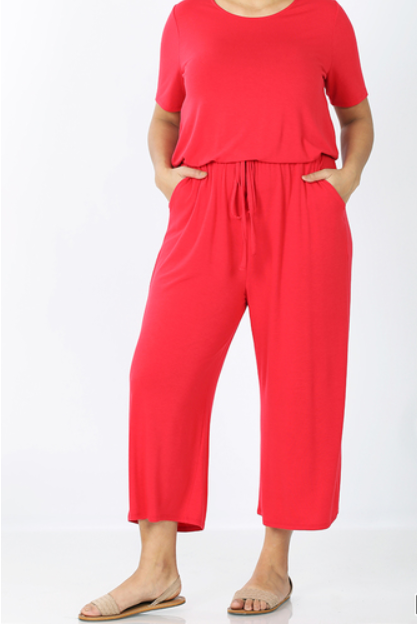 Red Capri Jumpsuit With Pockets