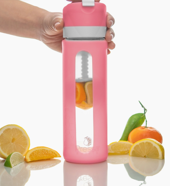 Pink Glass Water Bottle - With Fruit Press